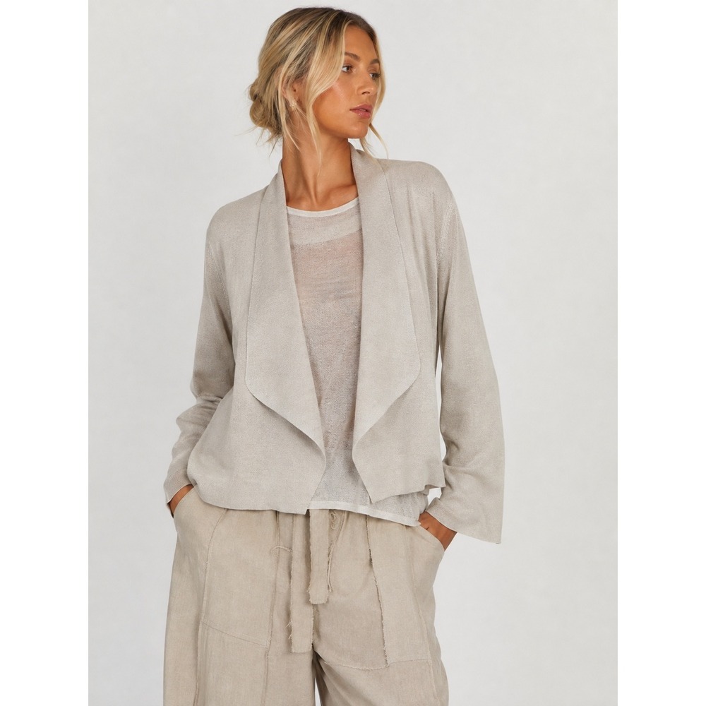 Eileen Fisher Silk Cotton Open Front Drape Cardigan Beige Off White M